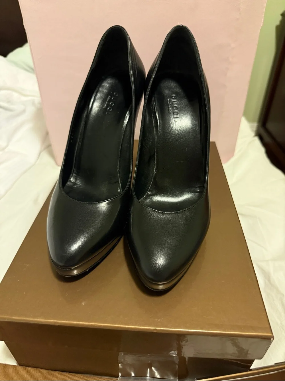 Black Leather Stiletto Pumps with Bamboo-Style Heel